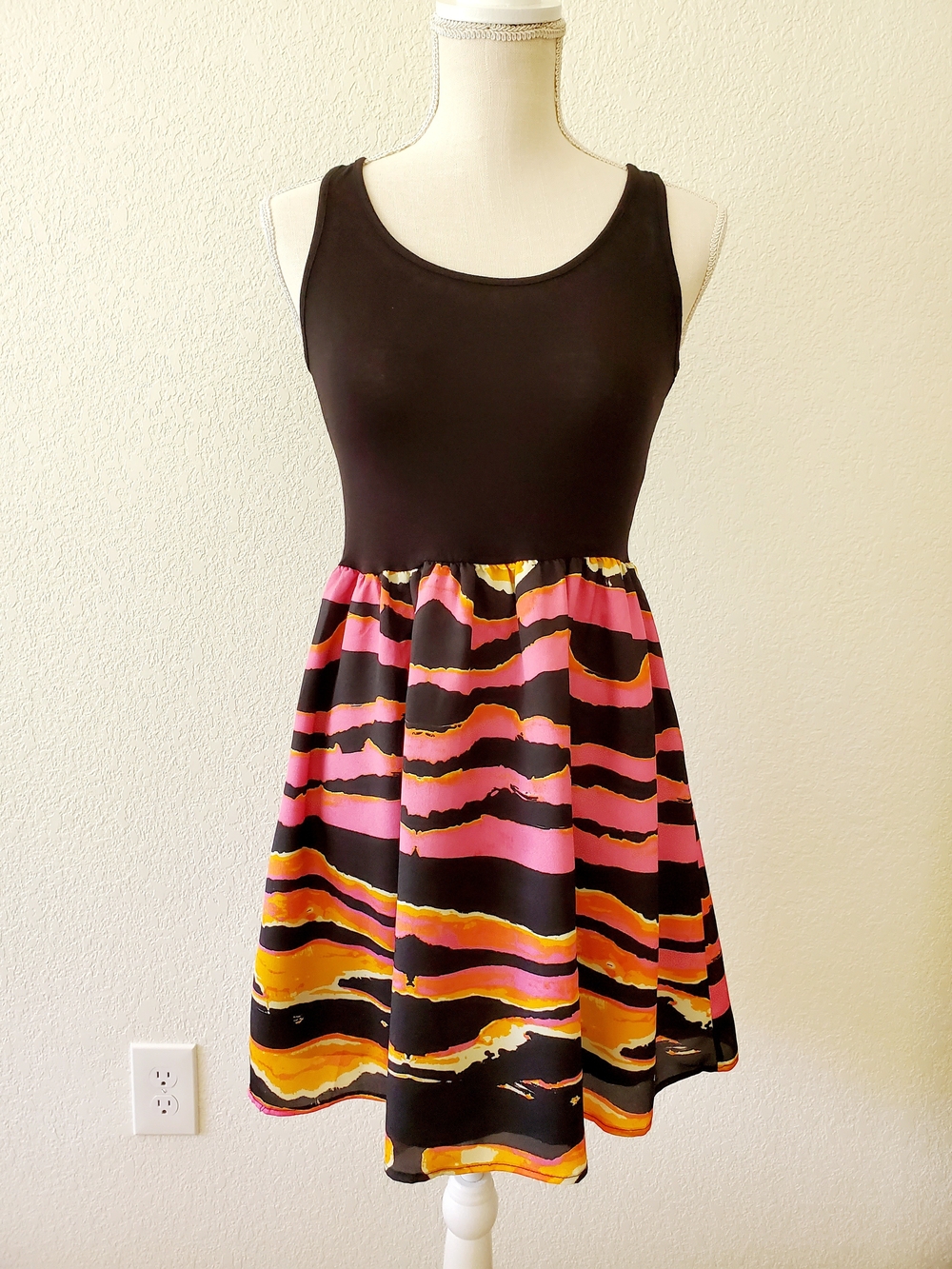 Black Tank Dress with Pink and Orange Wave Print Skirt